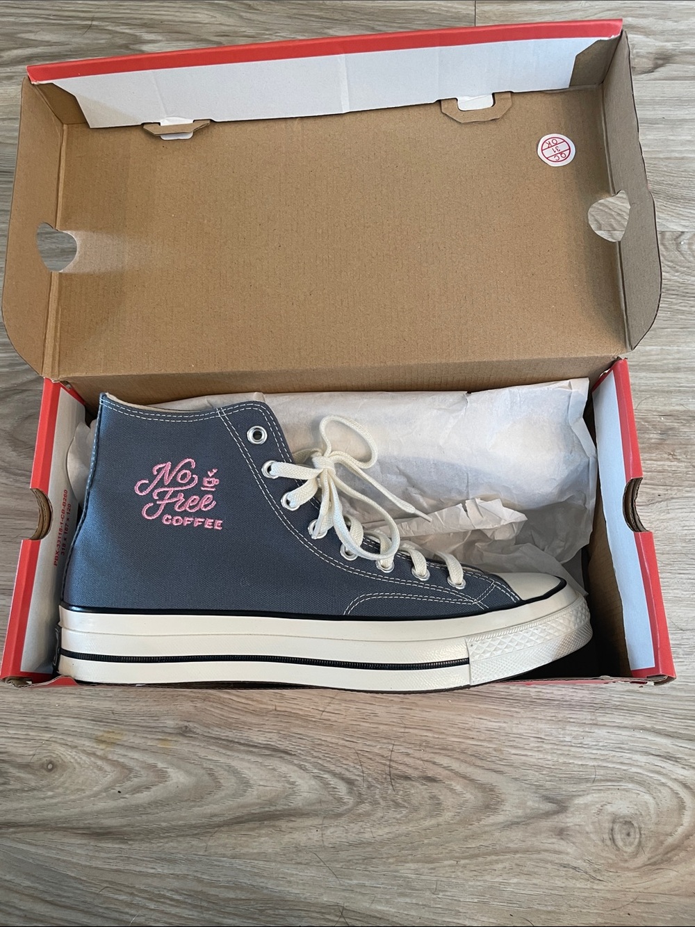 High top Chuck Taylors x No Free Coffee collab - Blue Gray with Pink embroidery